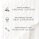 Text and logos about organic cotton with a white fabric background