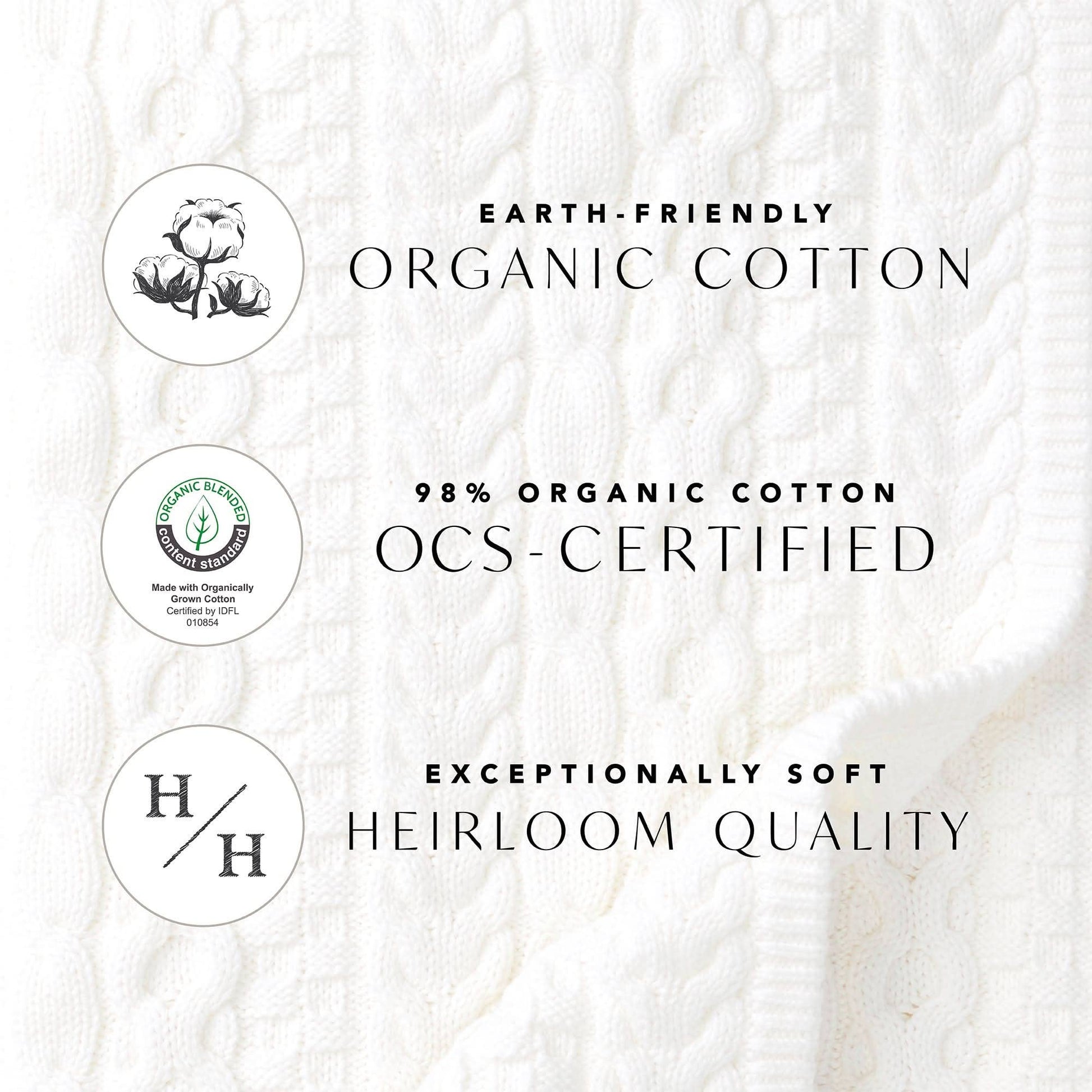 Text and logos about organic cotton with a white fabric background