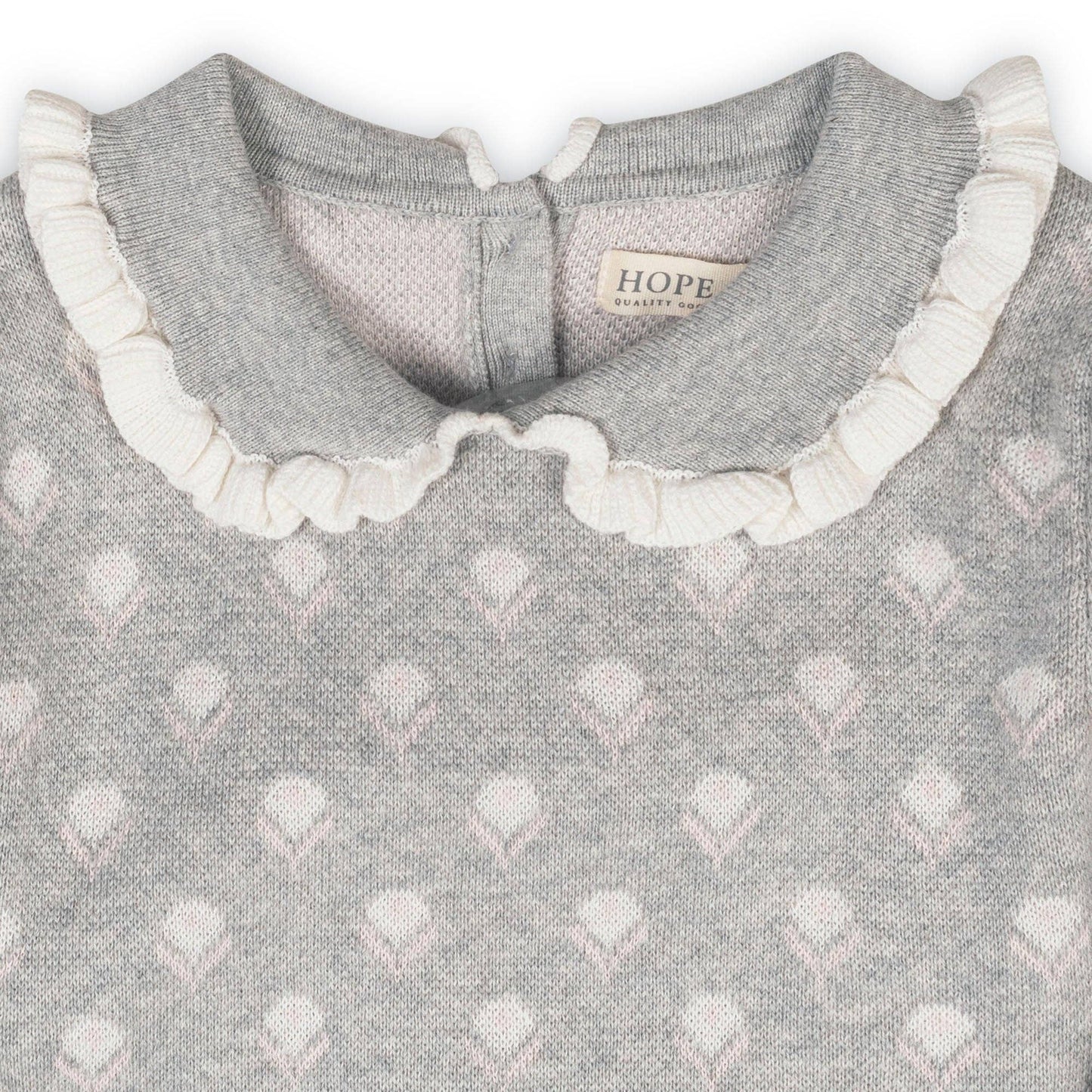 Gray patterned dress with white ruffled collar and 'HOPE and HENRY' label.