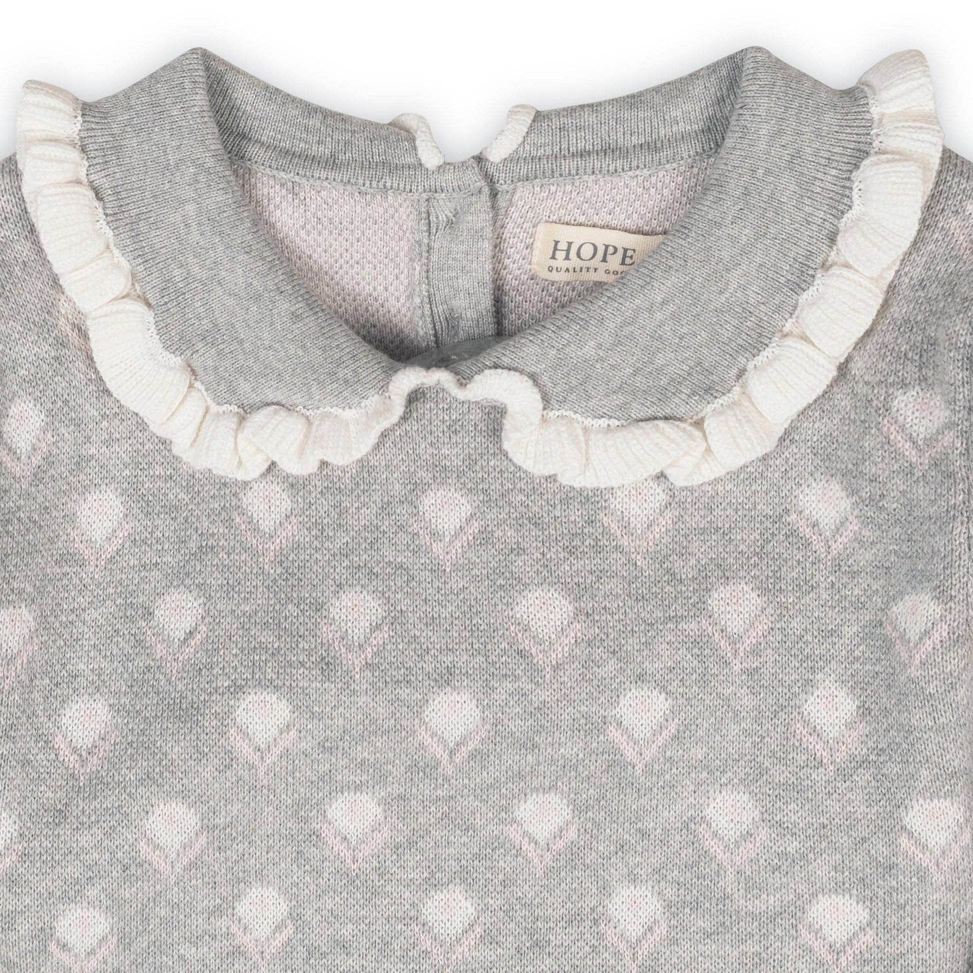 Gray patterned dress with white ruffled collar and 'HOPE and HENRY' label.