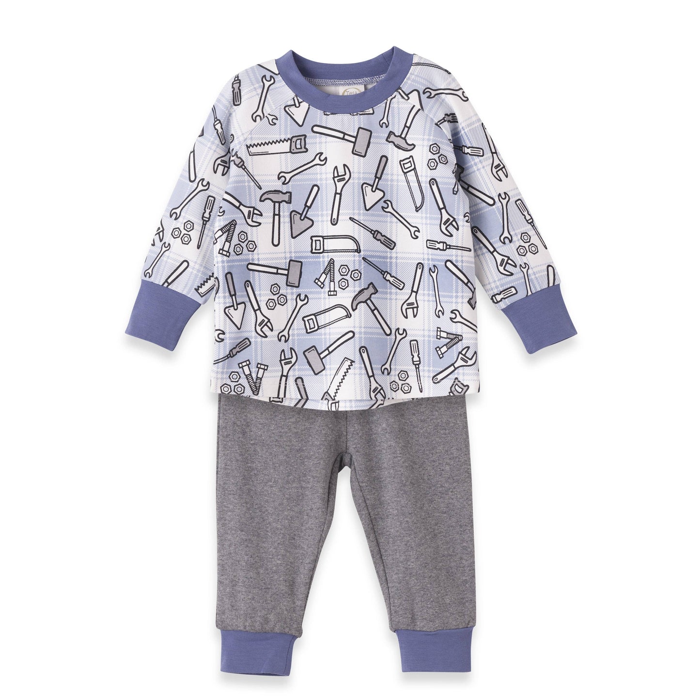 Children's 2 piece set with tool pattern on long-sleeve top and gray pants on a white background
