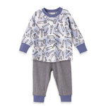 Children's 2 piece set with tool pattern on long-sleeve top and gray pants on a white background