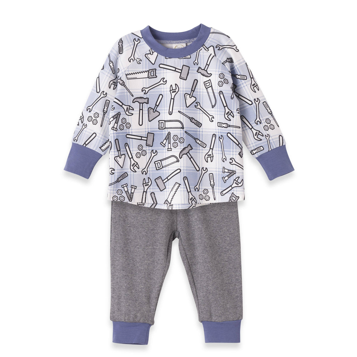 Children's 2 piece set with tool pattern on long-sleeve top and gray pants on a white background