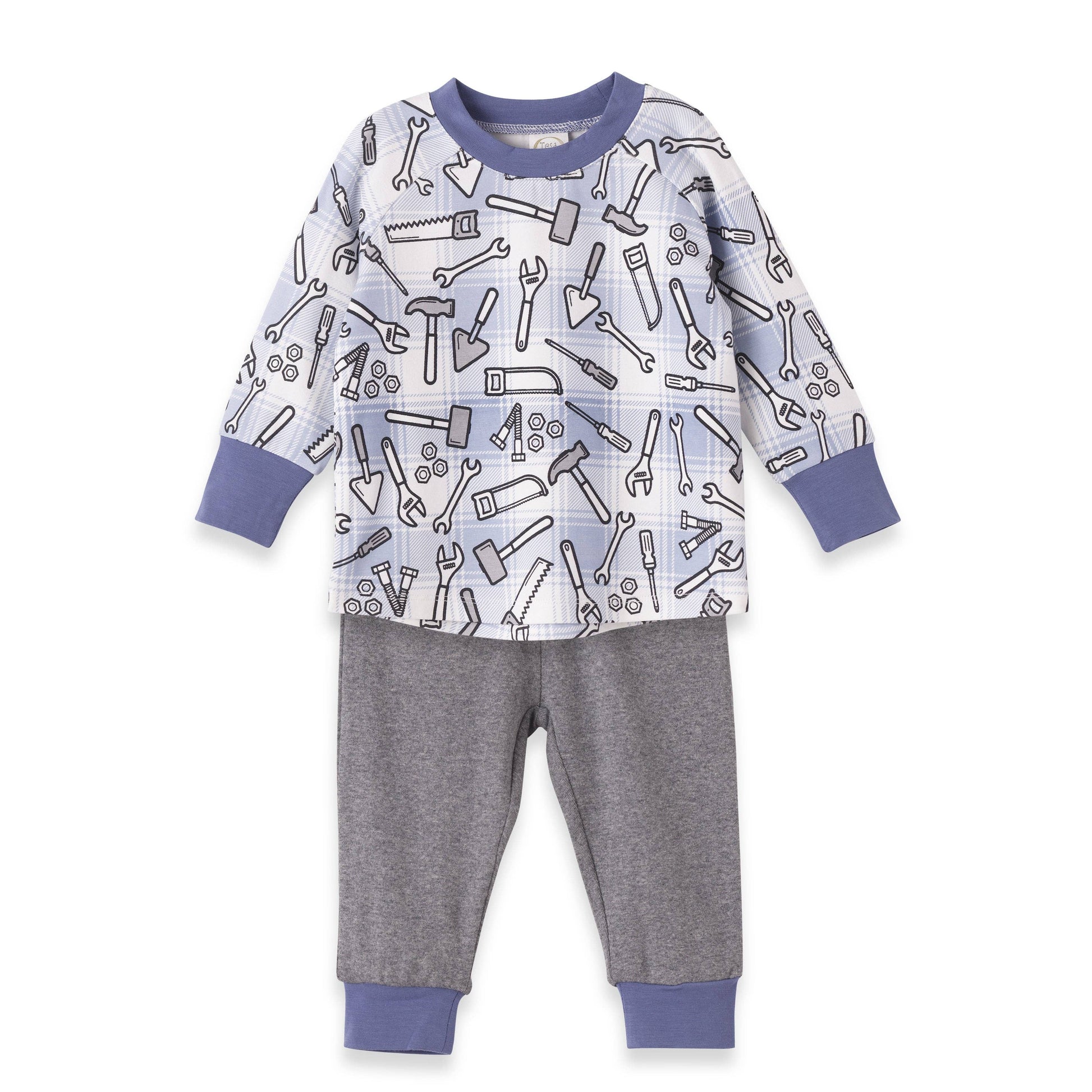 Children's 2 piece set with tool pattern on long-sleeve top and gray pants on a white background