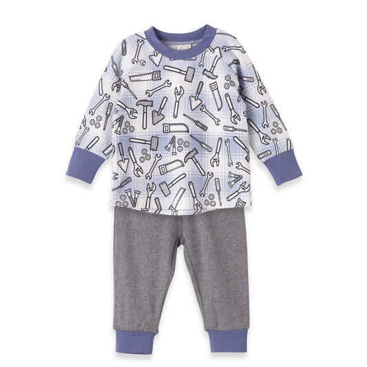 Children's 2 piece set with tool pattern on long-sleeve top and gray pants on a white background