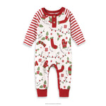 Baby romper with red and white stripes, red cuffs, and a design featuring a white Christmas stocking, green trees, and red accents.