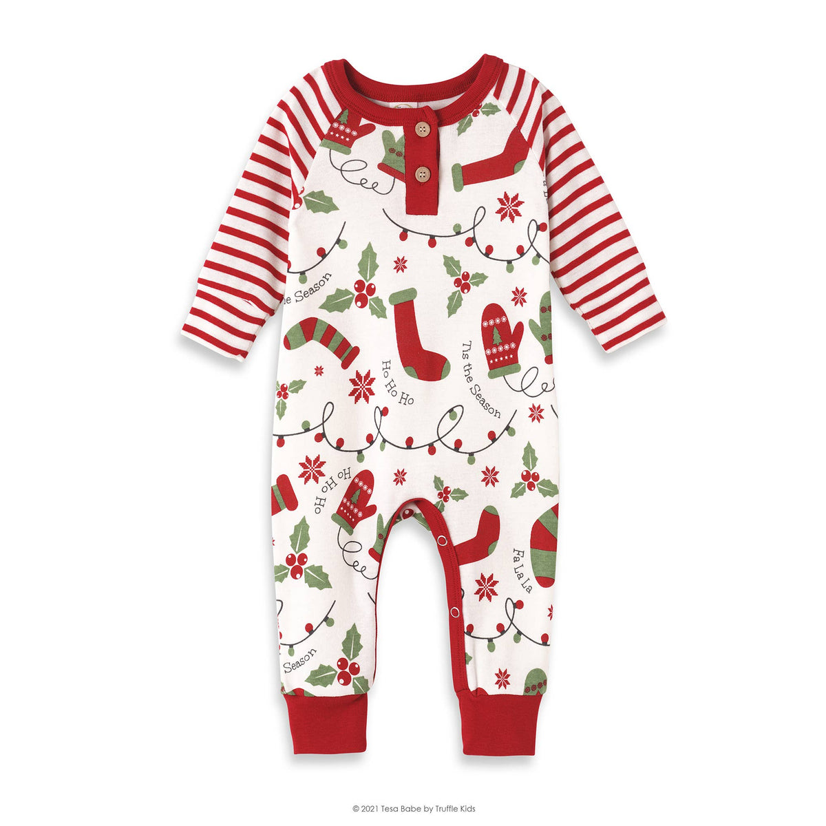 Baby romper with red and white stripes, red cuffs, and a design featuring a white Christmas stocking, green trees, and red accents.