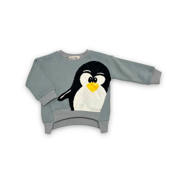 Gray sweater with a penguin design on a white background