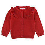 Red knitted cardigan with a ruffled collar on a white background
