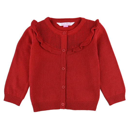 Red knitted cardigan with a ruffled collar on a white background