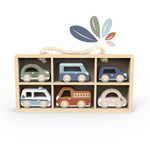 Set of wooden toy cars in a display box with a leaf logo above.
