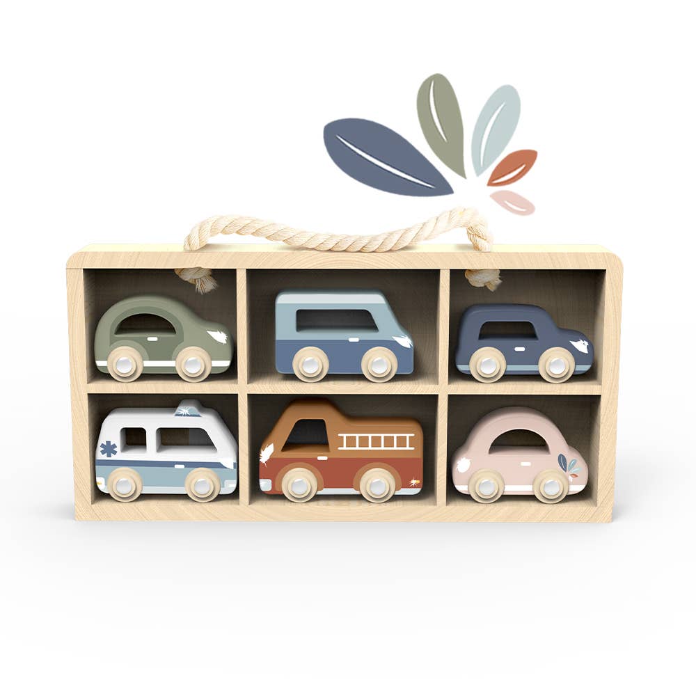 Set of wooden toy cars in a display box with a leaf logo above.