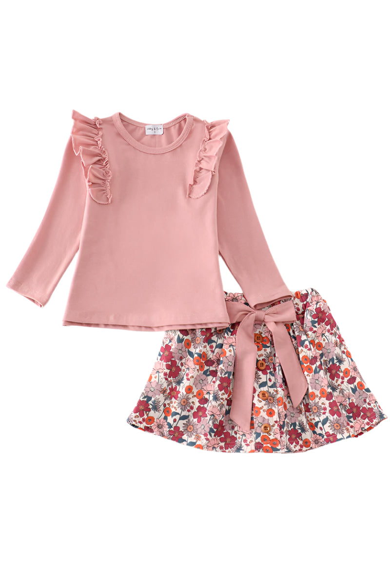 Pink Floral Ruffle Skort Set