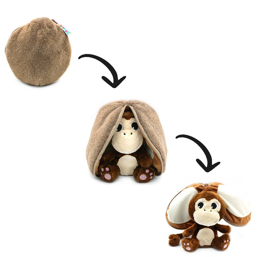 Plush toy monkey that zips into a coconut on a white background