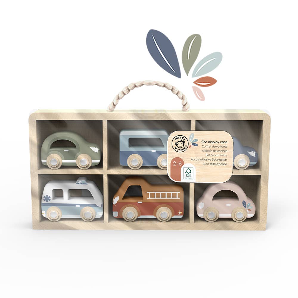 Set of wooden toy cars in a display case with a handle on a white background