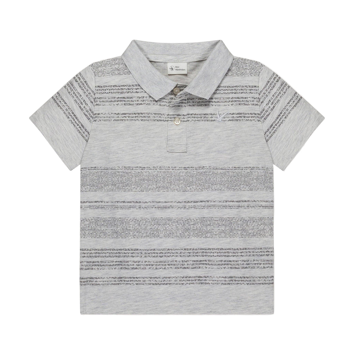 A short-sleeved gray striped boys' polo shirt with a collar.
