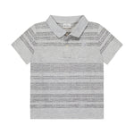 A short-sleeved gray striped boys' polo shirt with a collar.
