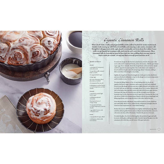 Inside pages of the Unofficial Twilight Saga Cookbook with a recipe and food photography