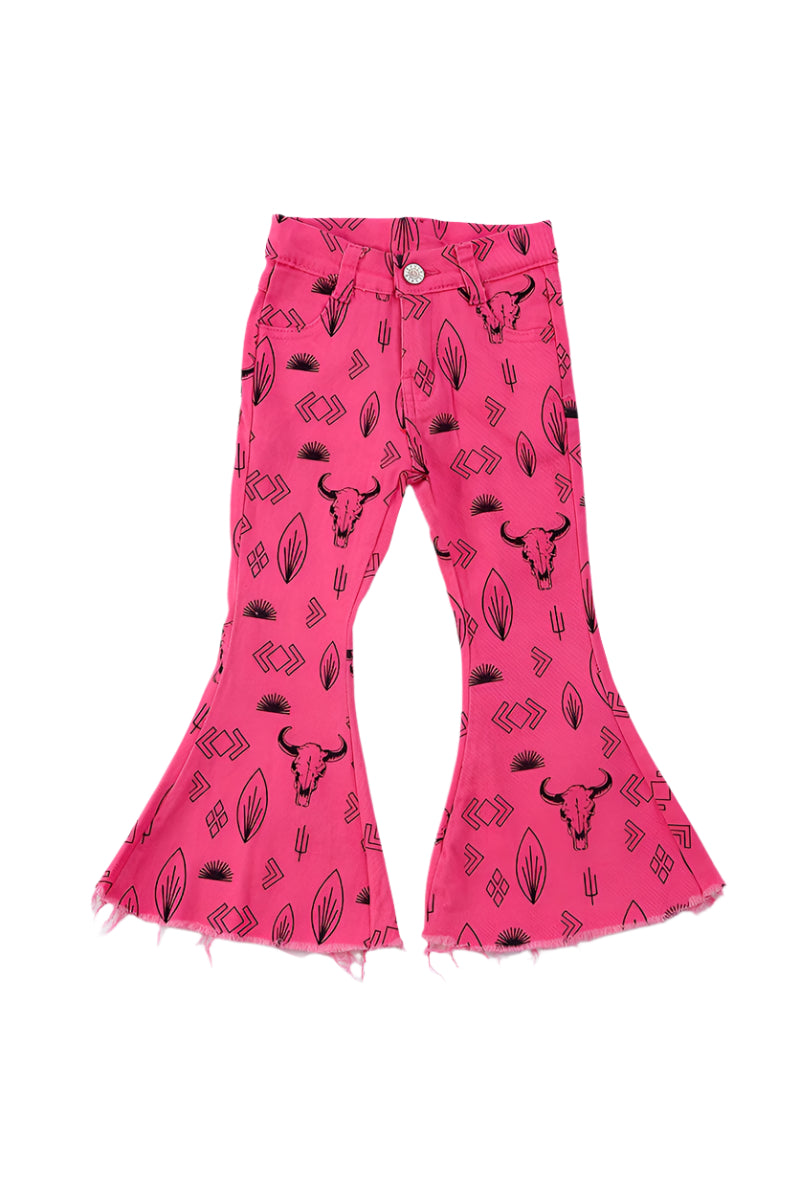 Nora Pink Steer Head Western Denim Flare Jeans