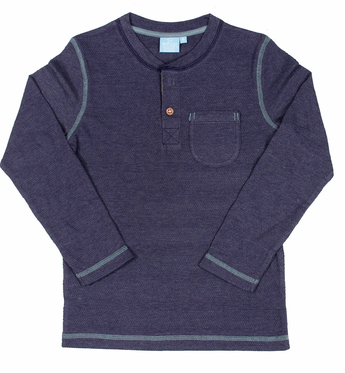 A long sleeve navy textured Henley shirt for toddlers and small boys.