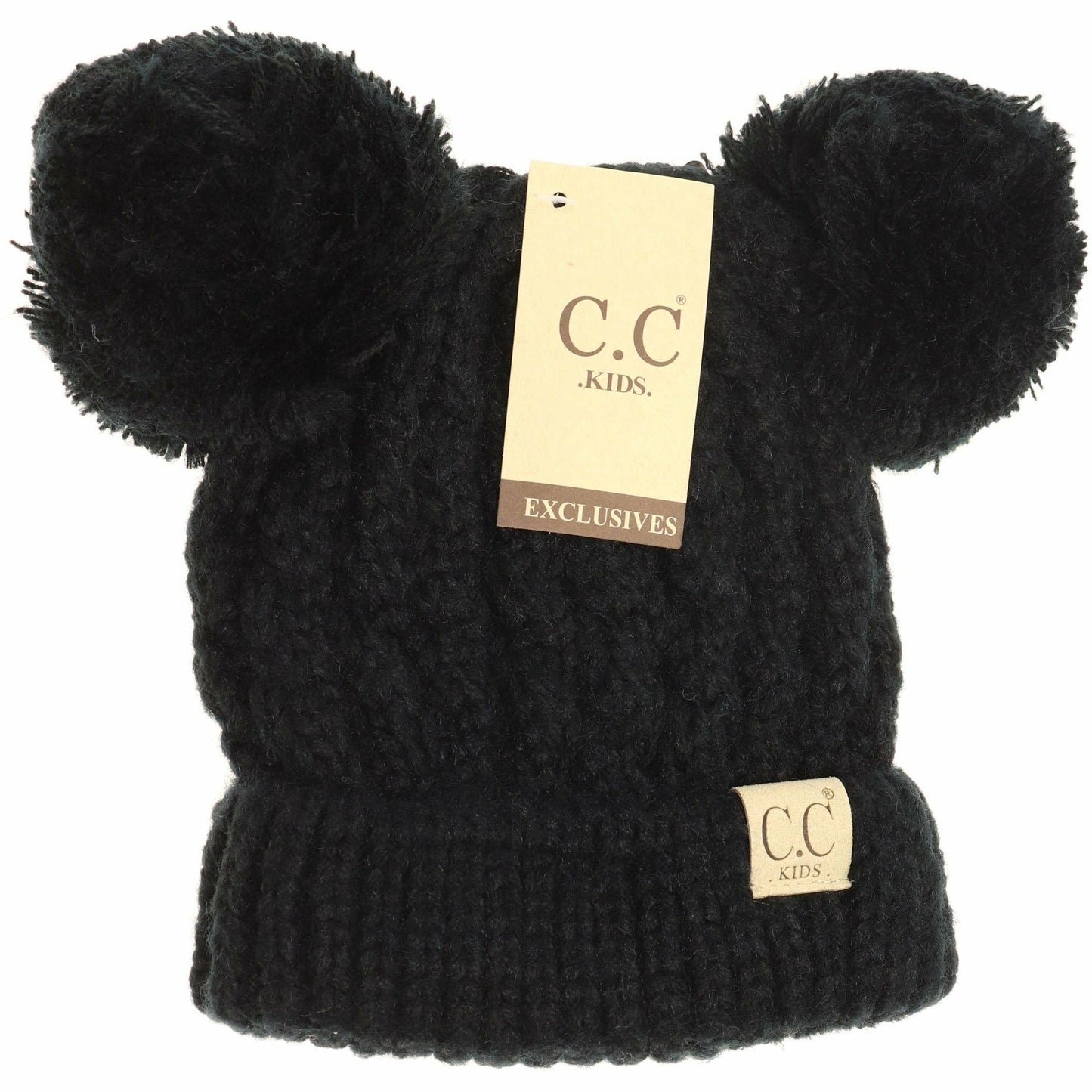 Kids Solid Double Pom CC Beanies Black