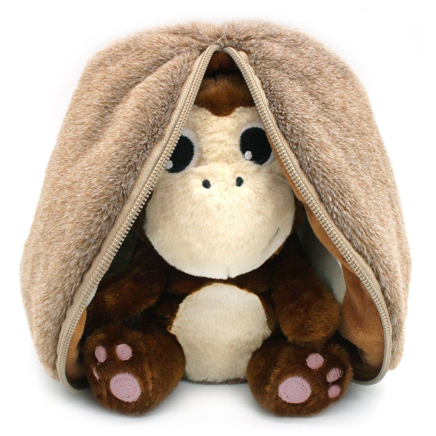 Plush toy monkey inside a coconut, on a white background