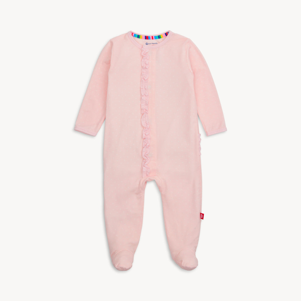 Pink baby onesie with buttons on a white background