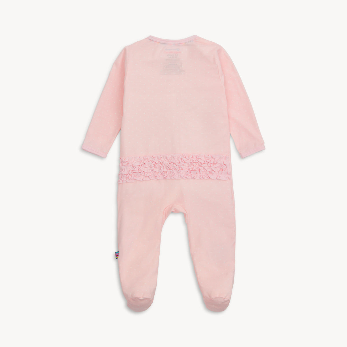 Pink baby onesie with lace details on a white background
