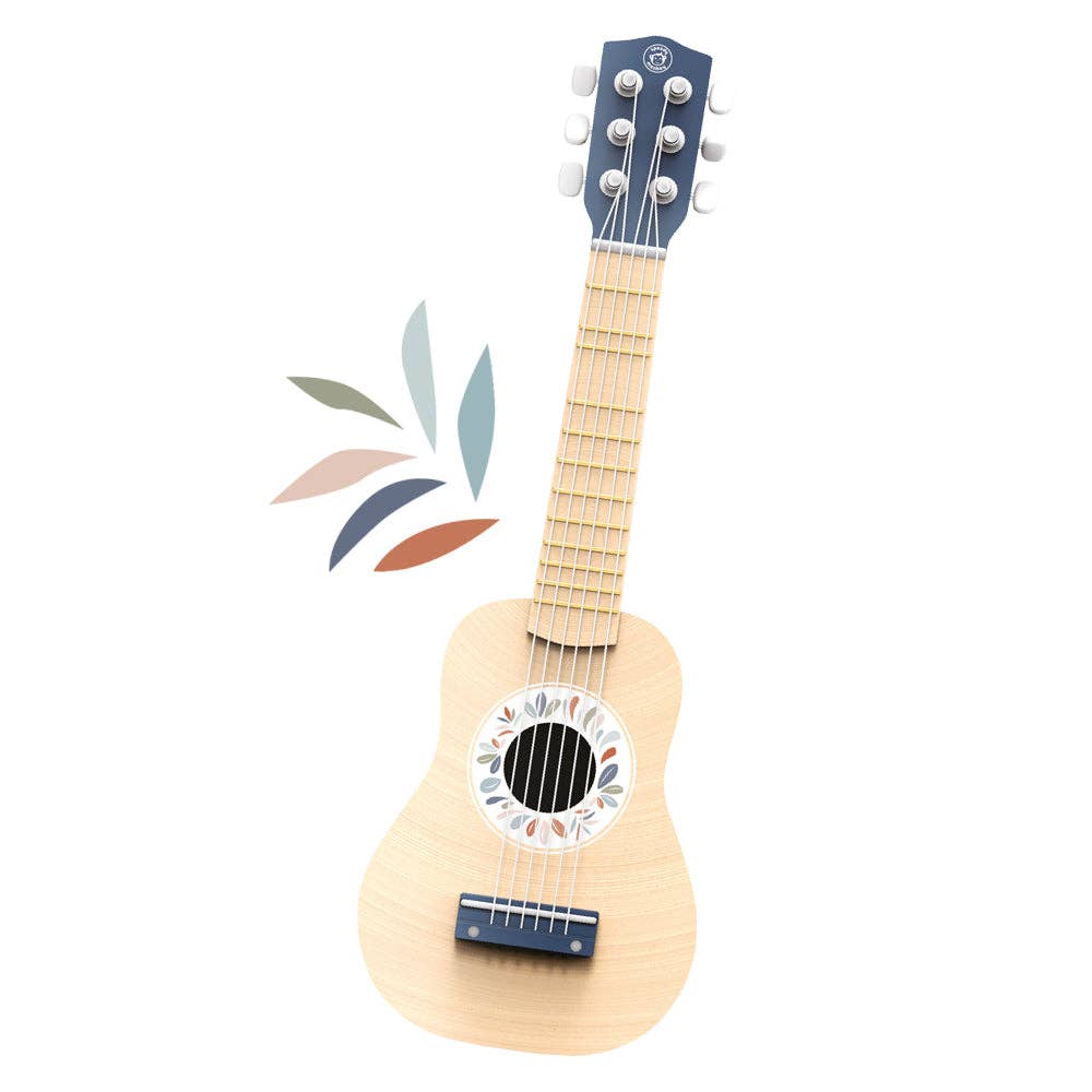 Children's guitar with a white pickguard on a white background
