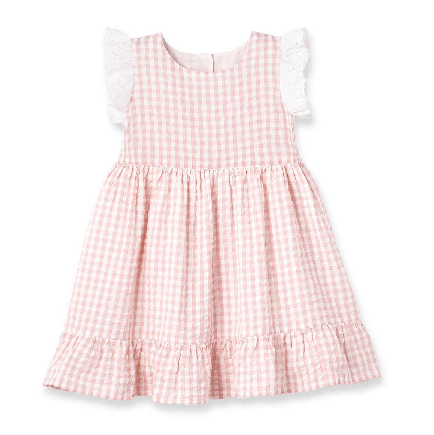 Adeline Pink Gingham Eyelet Flutter Sleeve Cotton Dress