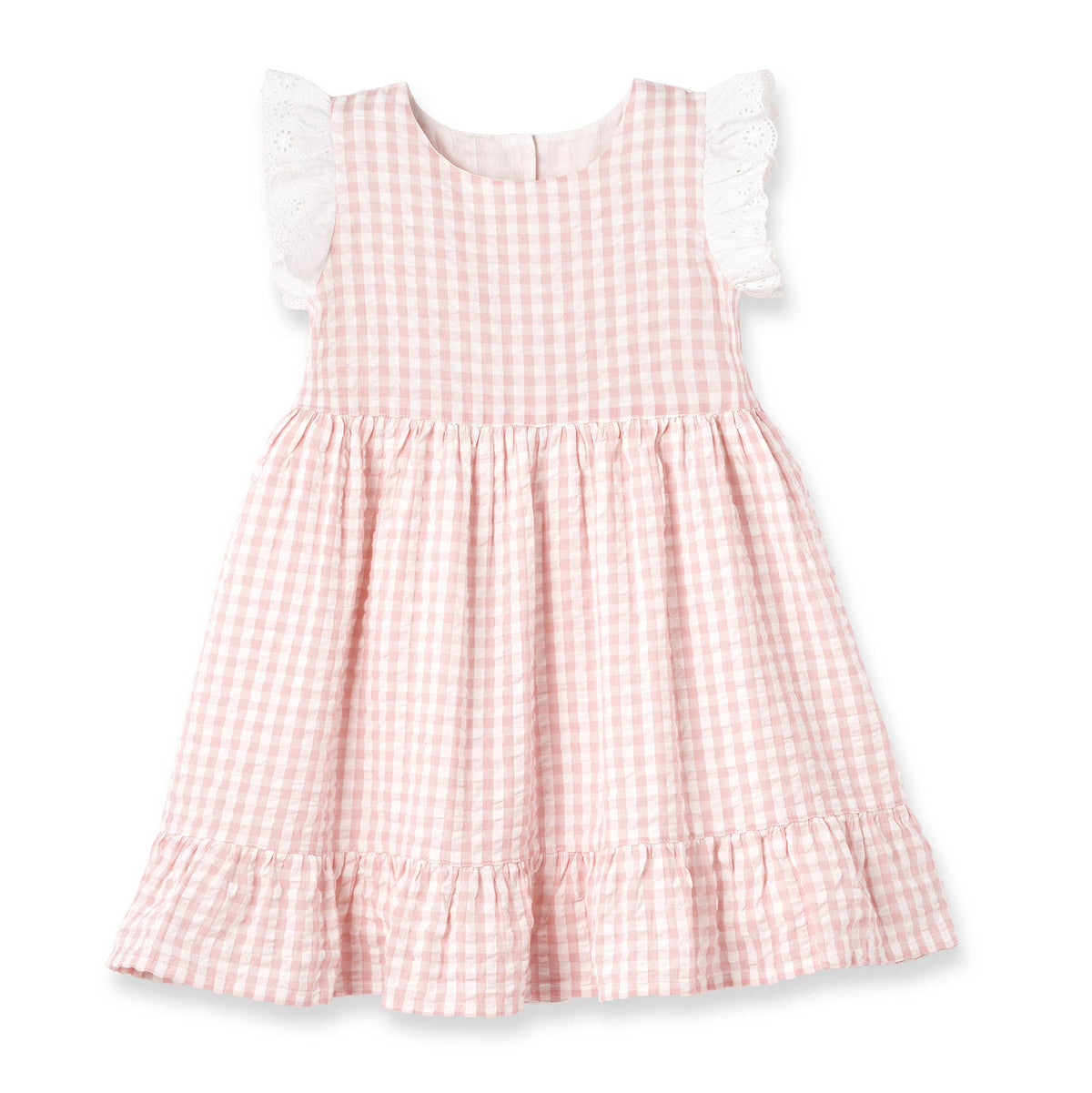 Adeline Pink Gingham Eyelet Flutter Sleeve Cotton Dress