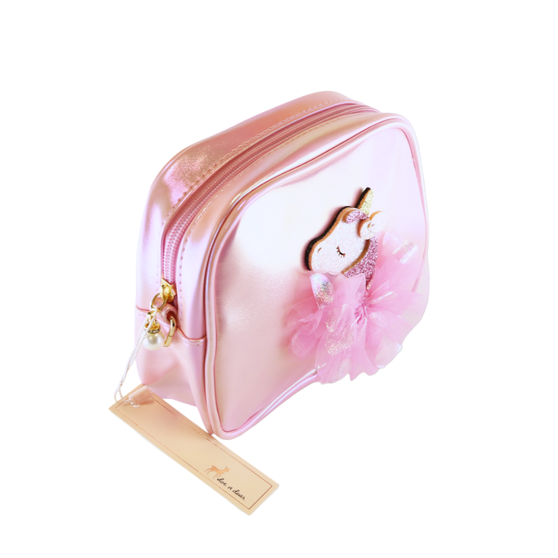 Pink cosmetic bag with a unicorn design on a white background