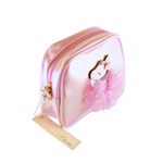 Pink cosmetic bag with a unicorn design on a white background