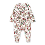 A festive Christmas-themed baby bamboo zipper romper with a pattern featuring holiday motifs.