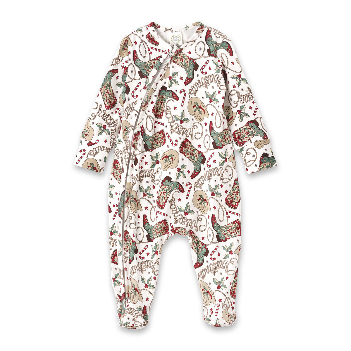 A festive Christmas-themed baby bamboo zipper romper with a pattern featuring holiday motifs.
