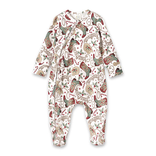 A festive Christmas-themed baby bamboo zipper romper with a pattern featuring holiday motifs.