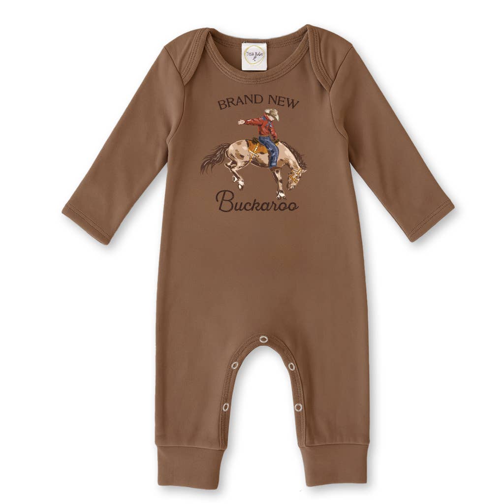 Brown baby romper with a graphic of a cowboy on a horse and text on a white background