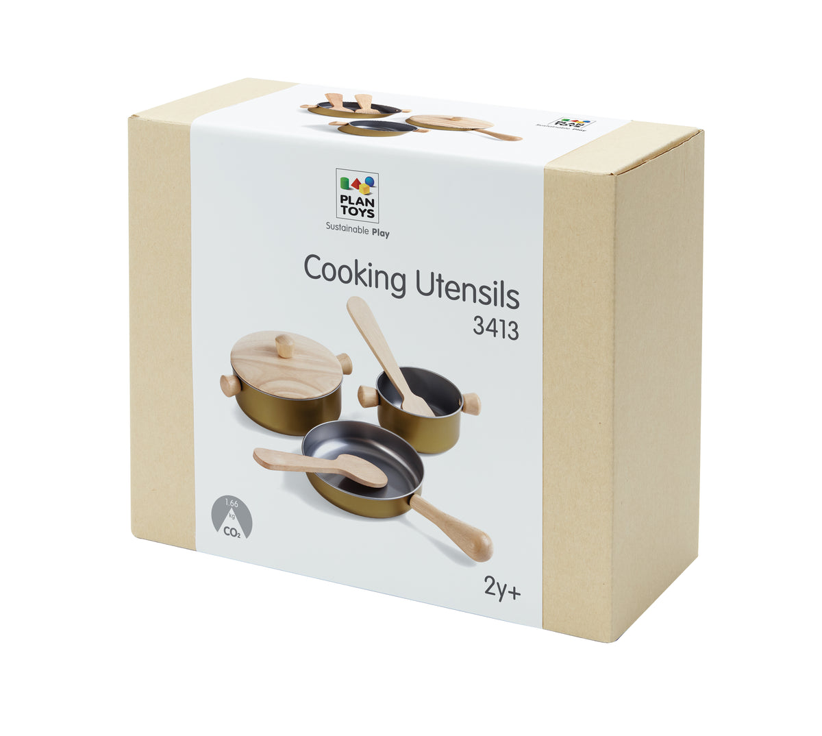 Box of Rattan Plan Toys cooking utensils on a white background