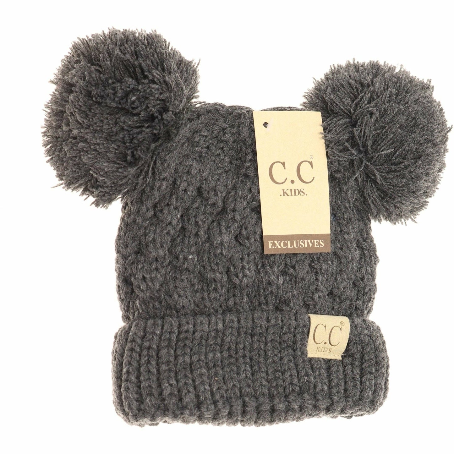 Kids Solid Double Pom CC Beanies Dark Grey