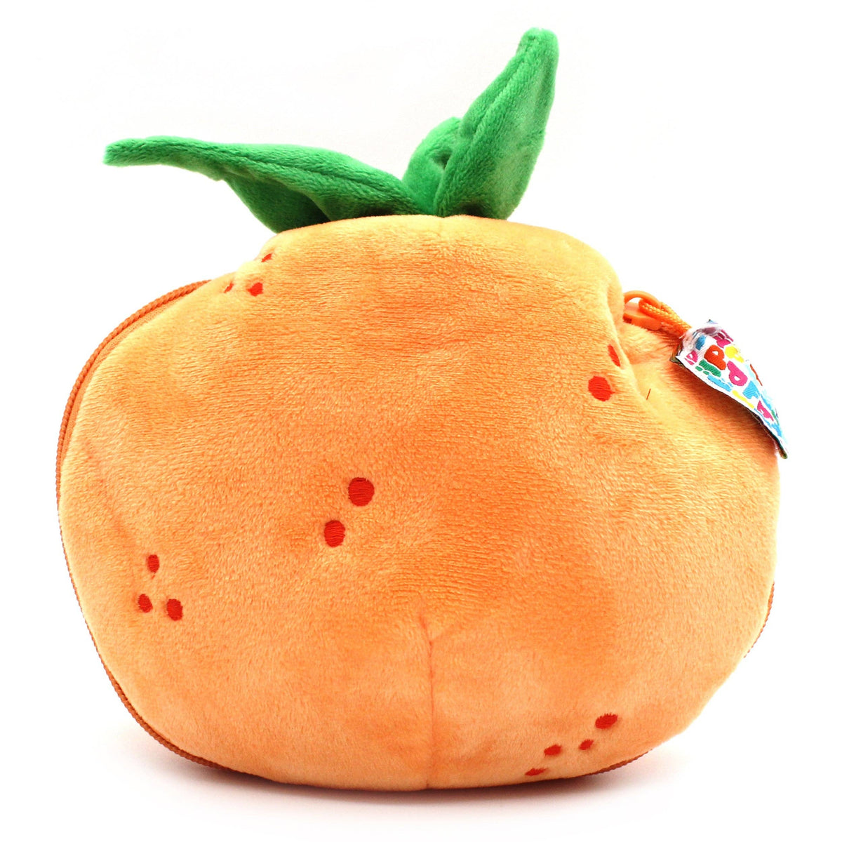 Plush toy shaped like a tangerine with a green leaf on a white background