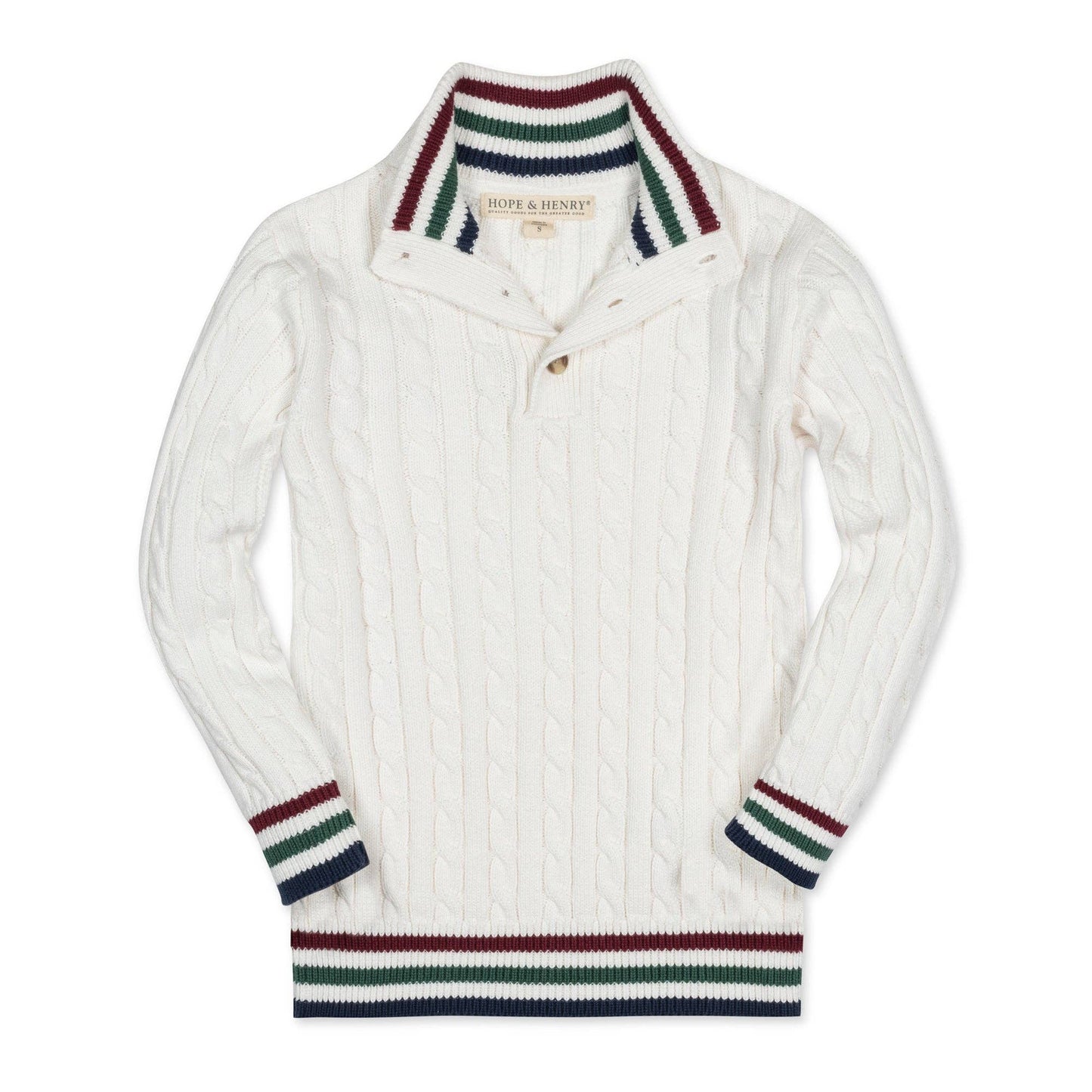 White sweater with colorful striped collar and cuffs on a white background