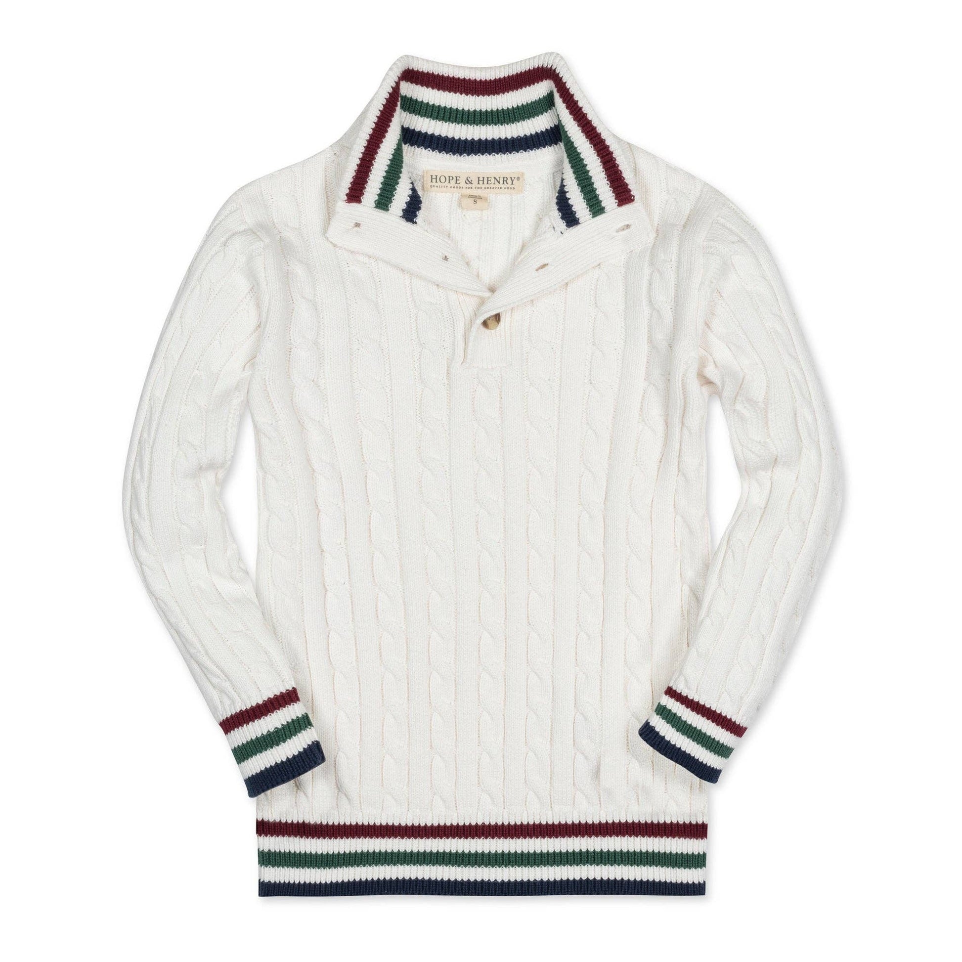 White sweater with colorful striped collar and cuffs on a white background