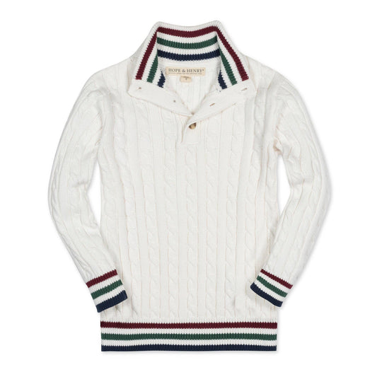 White sweater with colorful striped collar and cuffs on a white background