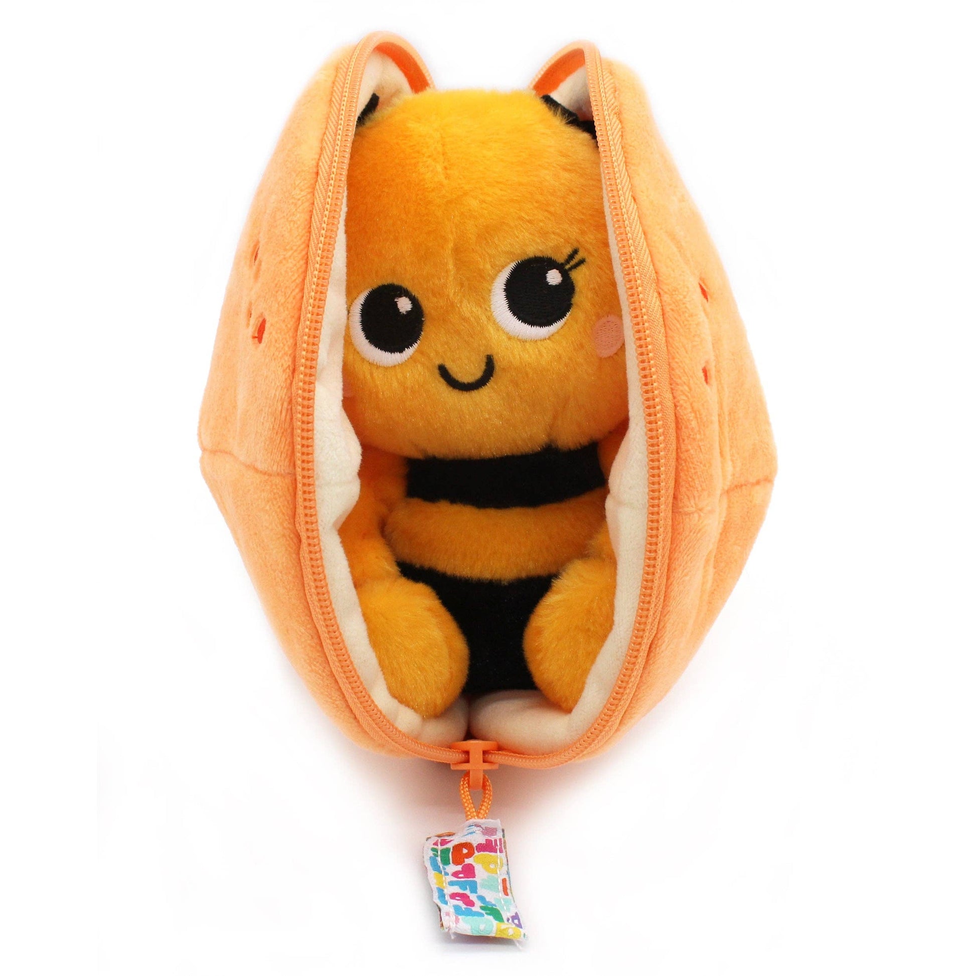 Plush bee toy inside an orange zipper pouch on a white background