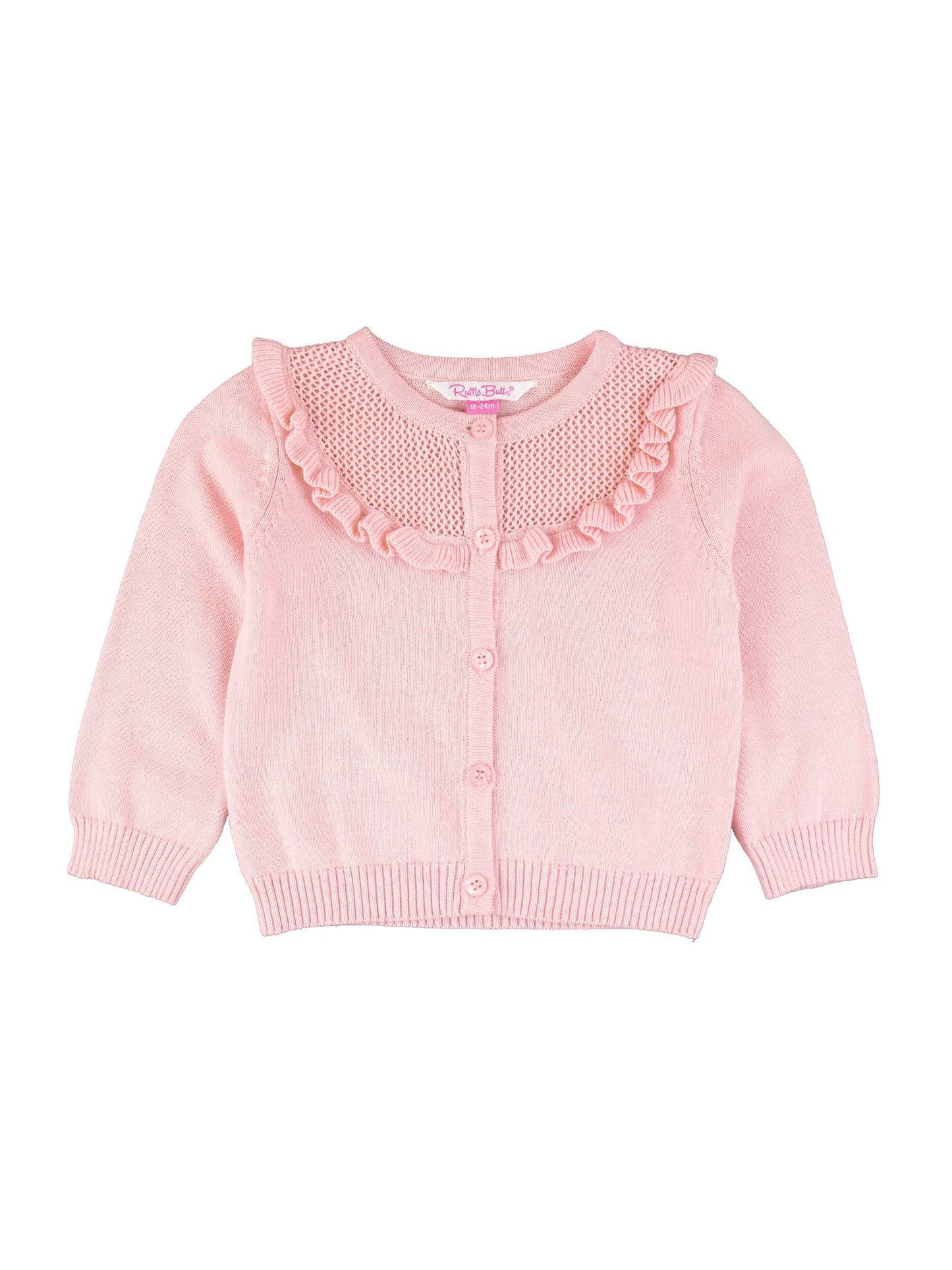 Pink cardigan with ruffled collar on a white background