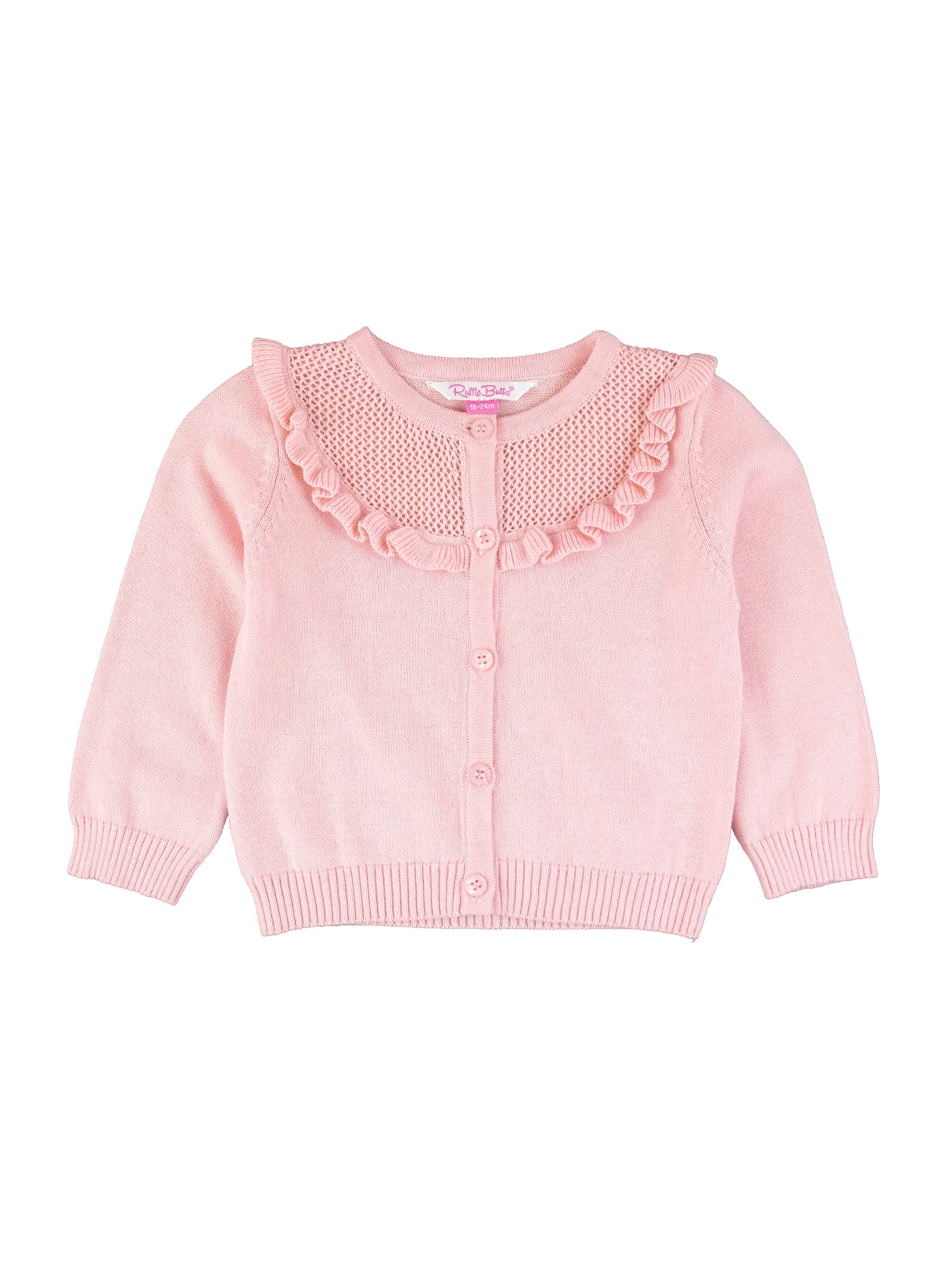 Pink cardigan with ruffled collar on a white background