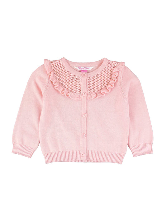Pink cardigan with ruffled collar on a white background