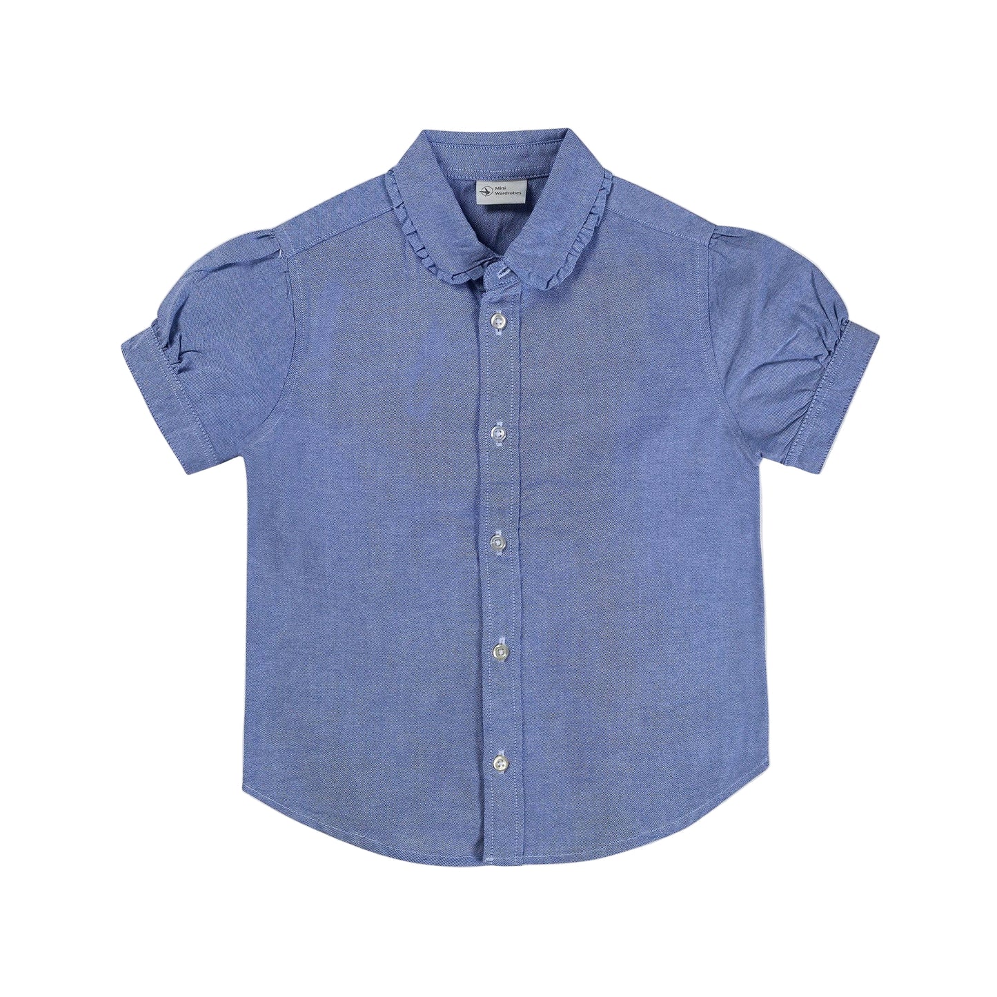A blue chambray toddler shirt with a ruffle collar and short sleeves.
