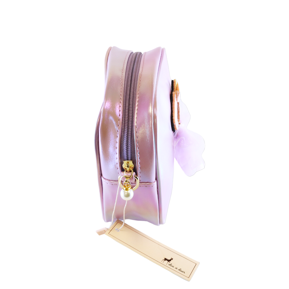 Purple makeup bag with gold zipper on a white background