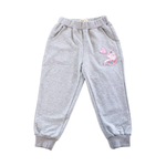 Gray sweatpants with a pink unicorn character on a white background